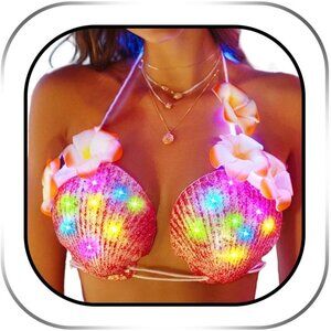 Women's Red Light Up Shell Bra Bikini Top Flower Seashell Glowing Rave Outfits